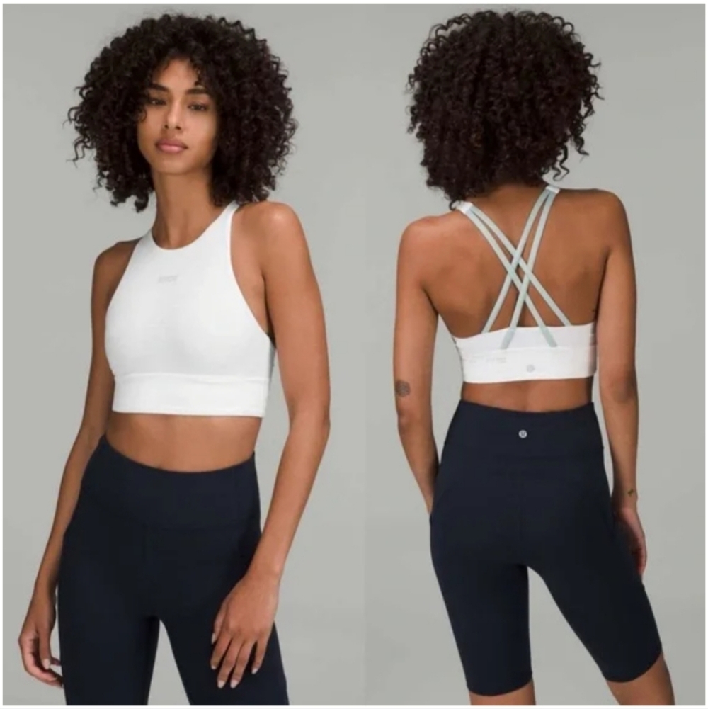 Lululemon Energy High Neck Long Line Bra Size 6 * Motif White Silver Blue
